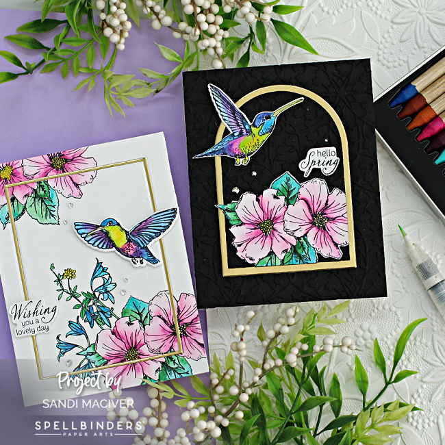 watercolored cards with pink flowers and green and pink hummingbirds created with new card making supplies from Spellbinders