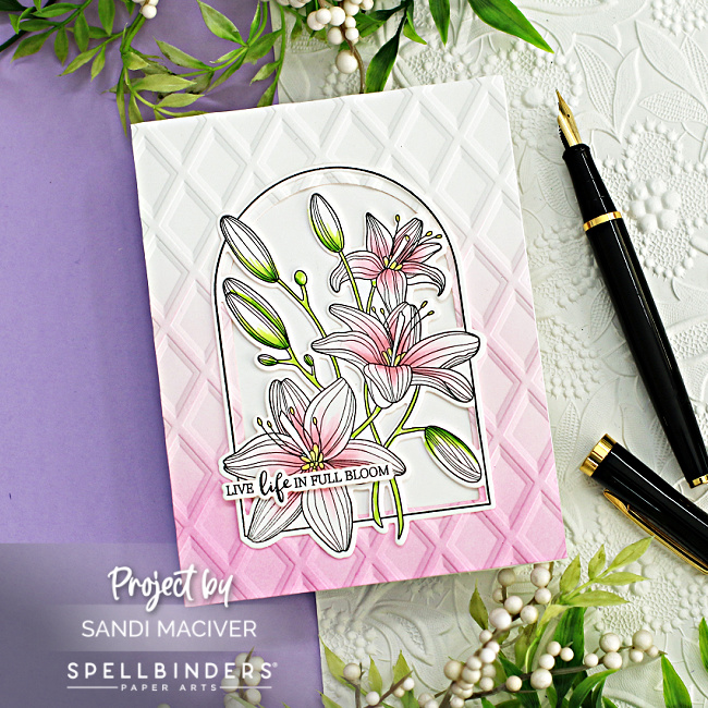 handmade Easter card with a die cut arch and pink and green tiger lillies created with new card making supplies from Spellbinders