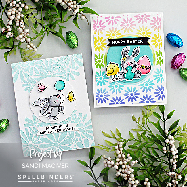 two easter cards created with stenciling the backgrounds and adding bunnies and chicks created with new card making products from Spellbinders 