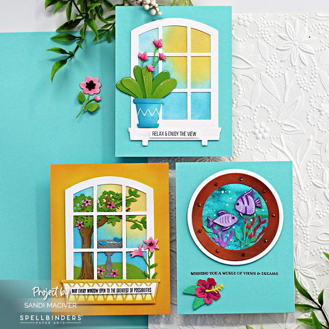 three hand made spring cards with windows and a view to a spring garden outside created with new card making supplies from Spellbinders