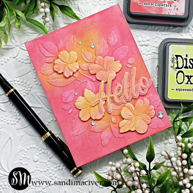 hand made embossed greeting card ink blended in pinks and yellows and die cut peach flower overlays created with new card making products from Simon Says Stamp