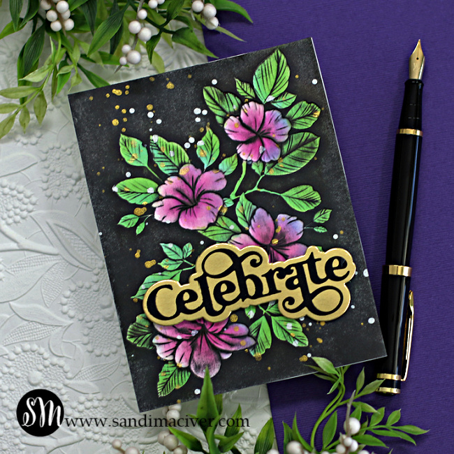 hand made birthday card with dark pink flowers and green leaves with a black background created with new card making products from Simon Says Stamp