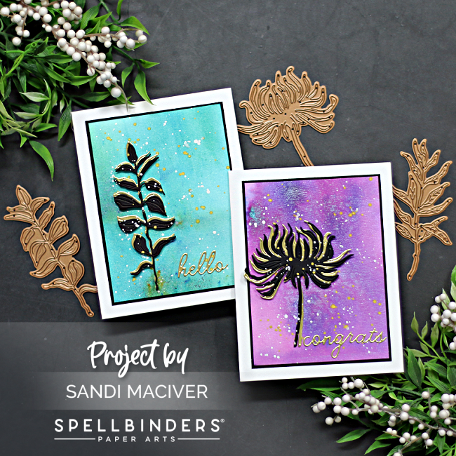 hand made cards with a watercolor background and die cut floral silhouettes created with new card making supplies from Spellbinders