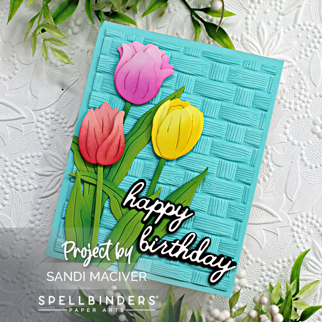 hand made birthday card with a blue basket embossed background and three die cut tulips, created with new card making supplies from Spellbinders