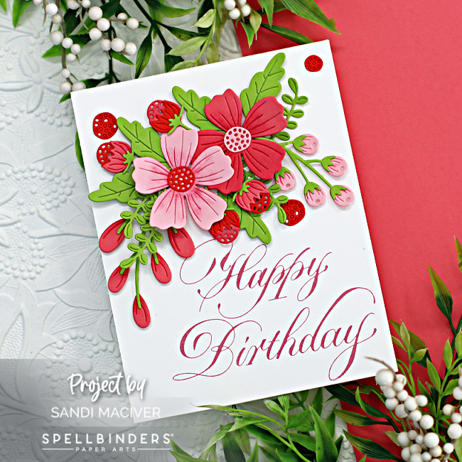 handmade white birthday card with pink and red flowers created with new card making products from Spellbinders 