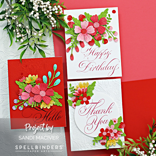 hand made cards with a loopy sentiment and red and pink flowers created with card making products from Spellbinders 