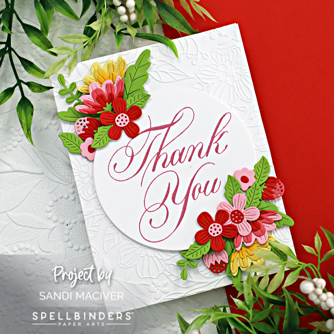 handmade white birthday card with pink and red flowers created with new card making products from Spellbinders 