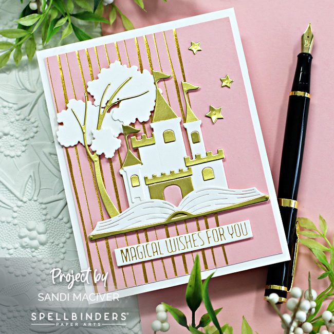 handmade card with a white and gold castle and a pink background created with new card making products from Spellbinders