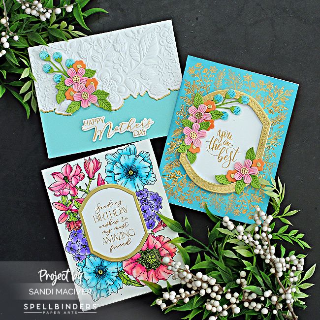 3 cards with turquoise backgrounds, gold highlights and pink and orange flowers created with new card making supplies from Spellbinders 