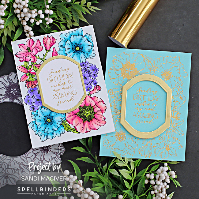 two handmade cards created with the Mirrored Arch Blooms Betterpress plate from Spellbinders 