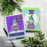 two hand made cards with colorful gnomes sitting on top of a stack of books created with card making products from Spellbinders