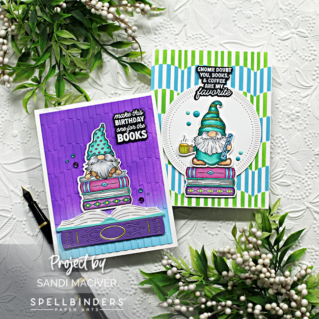 two hand made cards with colorful gnomes sitting on top of a stack of books created with card making products from Spellbinders 