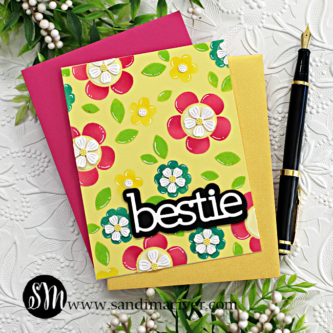 hand made greeting card with a pale yellow base, groovy colored flowers with die cut flower centers created with new card making products from Simon Says Stamp