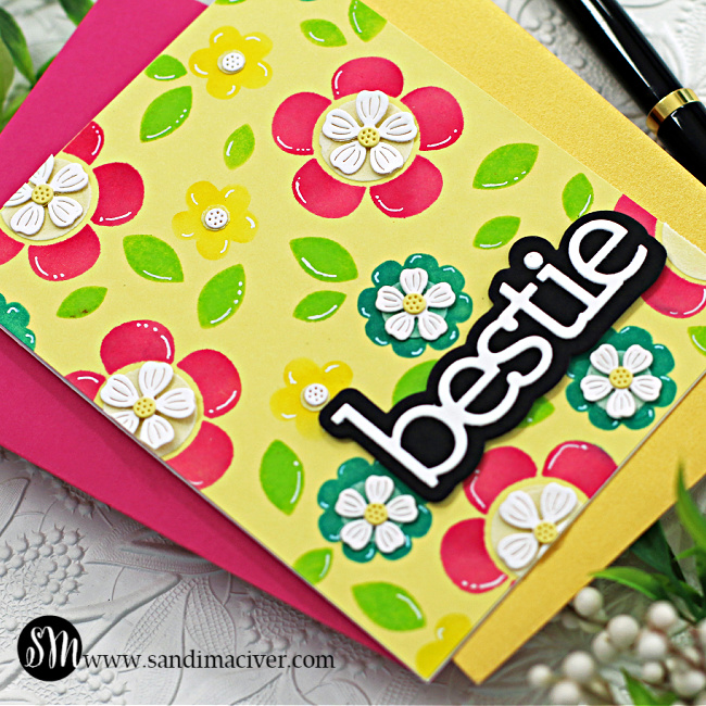 hand made greeting card with a pale yellow base, groovy colored flowers with die cut flower centers created with new card making products from Simon Says Stamp