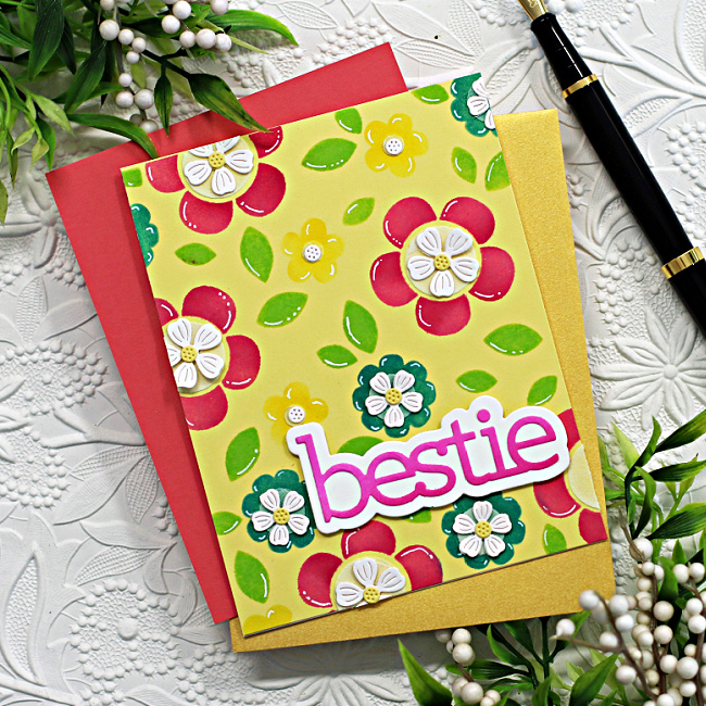 hand made greeting card with a pale yellow base, groovy colored flowers with die cut flower centers created with new card making products from Simon Says Stamp