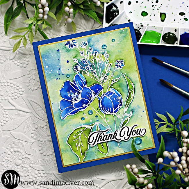 hand made watercolor card with a blue and green washed background and dark blue flowers created with card making and paper crafting products from Simon Says Stamp