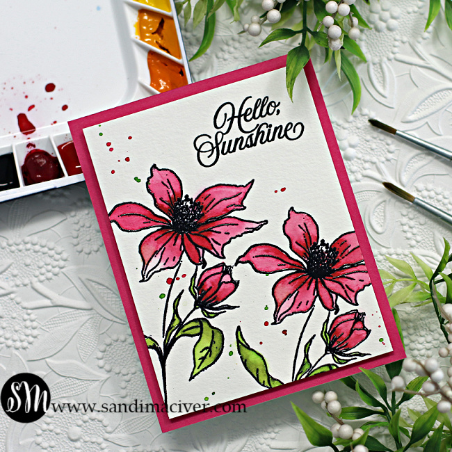 hand made watercolor card with pink flowers, using new card making and paper crafting products from Simon Says Stamp