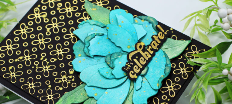 hand made birthday card with a black and gold background and teal and green die cut flowers created with new card making products from Altenew