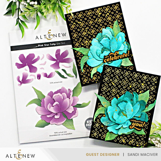 hand made birthday card with a black and gold background and teal and green die cut flowers created with new card making products from Altenew
