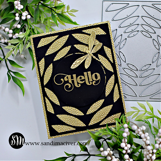 black and gold card with a black center and a gold dragonfly embellishment created with new card making products from Simon Says Stamp