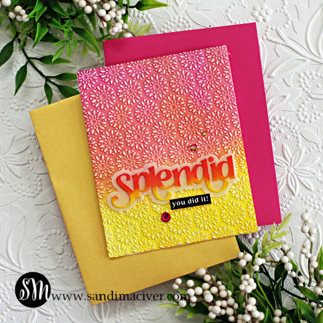 hand made embossed card in pink and yellow created with new card making supplies from Simon Says Stamp