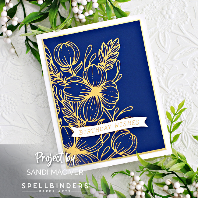 hand made greeting card gold foiled on a dark blue background created with new card making supplies from Spellbinders