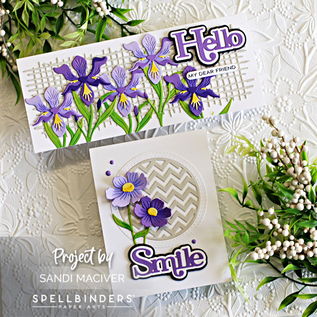 two hand made white cards with purple flowers and green leaves created with new card making products from Spellbinders 