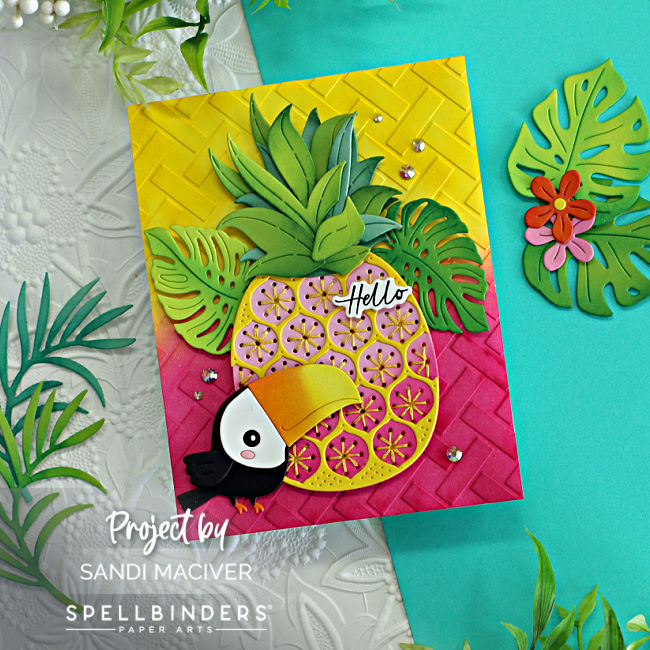 tropical hand made card with a stitched die cut pineapple and a cute toucan created with card making supplies from Spellbinders 