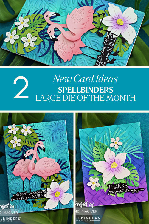 hand made card with a blue and purple embossed background, two pink flamingos surrounded by tropical greenery created with new card making supplies from Spellbinders