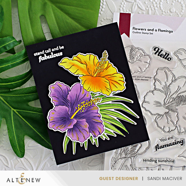 black card with yellow and purple flowers created with new card making products from Altenew