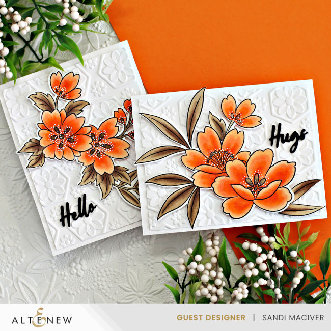 two hand made cards with peach colored flowers, and brown leaves with a detailed white embossed background created with new card making supplies from Altenew