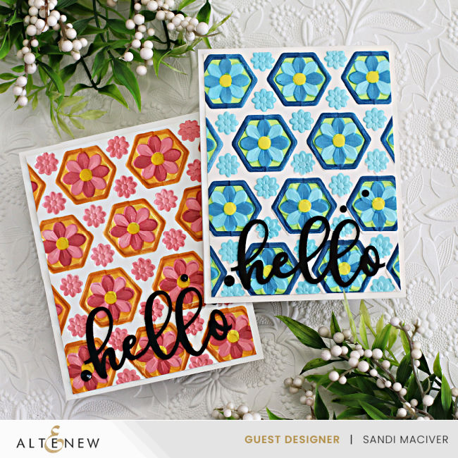 two floral embossed cards in blues and peaches created with new card making products from Altenew