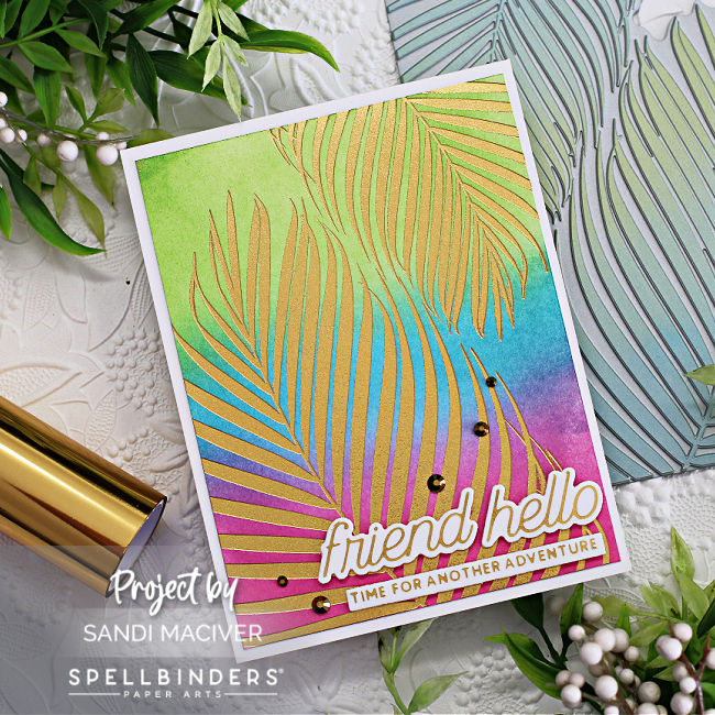 hand made cards with an ink blended background in pink blue and green and gold foiled palms created with new card making supplies from Spellbinders 