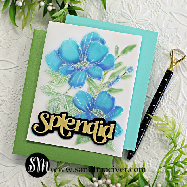 hand made greeting card with two large blue flowers on a vellum background with a large black and gold sentiment created with card making supplies from Simon Says Stamp