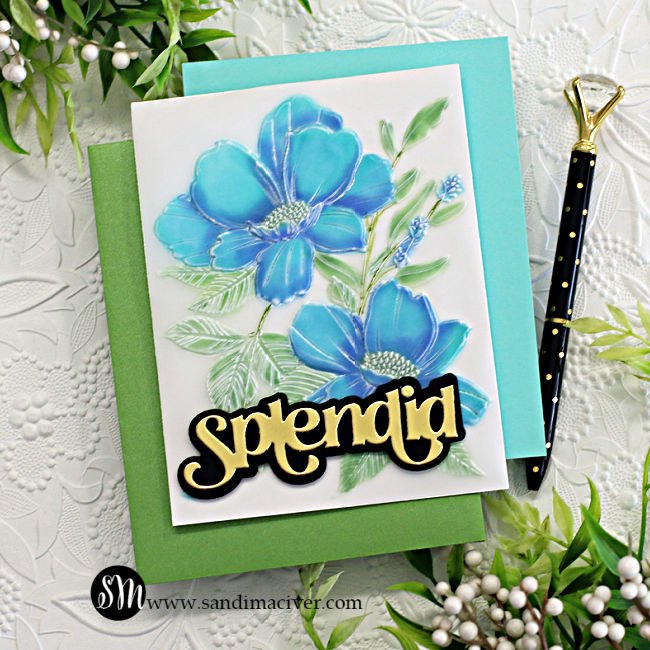 hand made greeting card with two large blue flowers on a vellum background with a large black and gold sentiment created with card making supplies from Simon Says Stamp