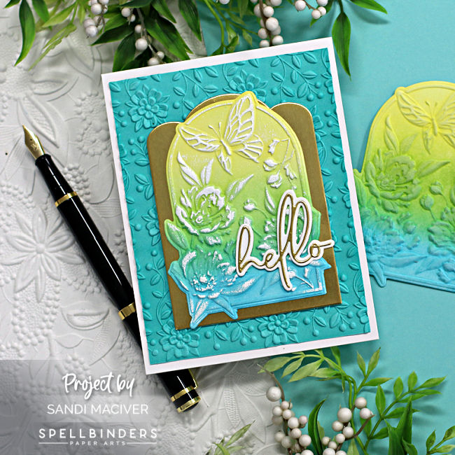 hand made teal colored card peonies and butterflies embossed on a arched insert in purple, blue, green and yellow created with new card making supplies from Spellbinders