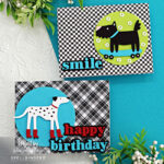 hand made cards with black and white plaid backgrounds with a scottie dog on a skateboard and a Dalmatian roller blading created with new card making products from Spellbinders