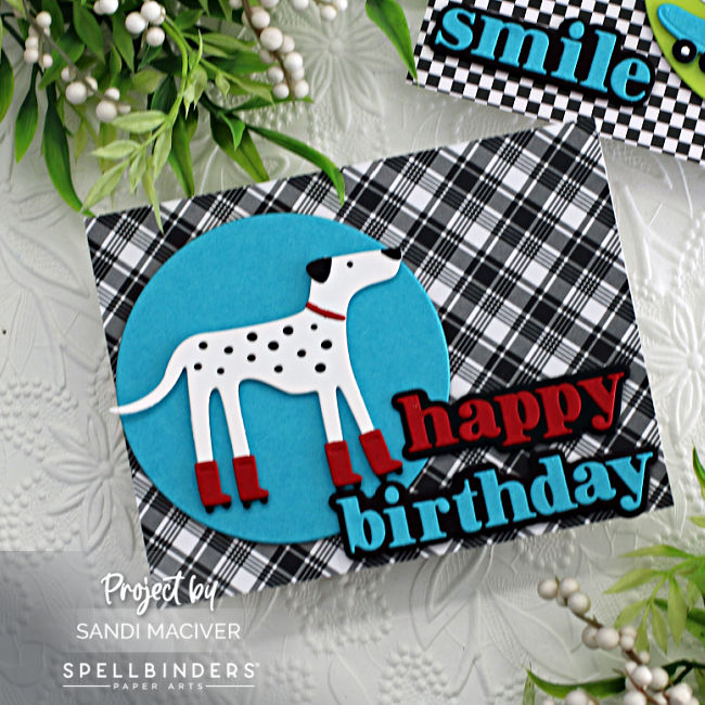 hand made card with a Black and White Dalmatian with red roller blades inside a teal blue circle on a black and white plaid background created with new card making products from Spellbinders 