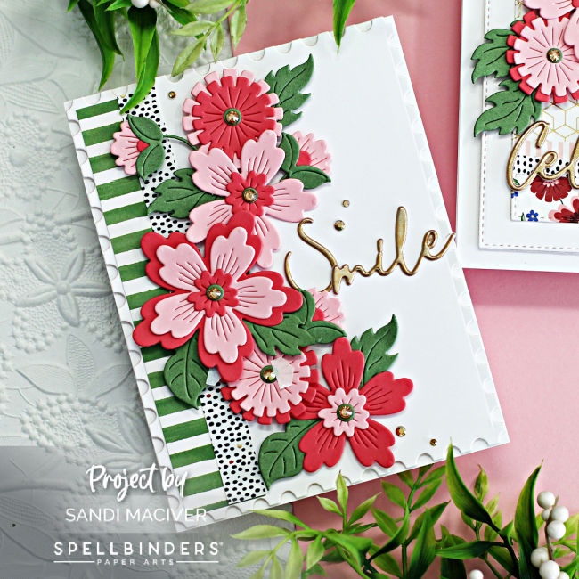 hand made celebrate card with a gold and white background and two tone pink die cut flowers created with new card making supplies from Spellbinders