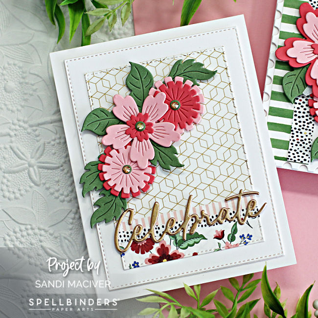 hand made celebrate card with a gold and white background and two tone pink die cut flowers created with new card making supplies from Spellbinders