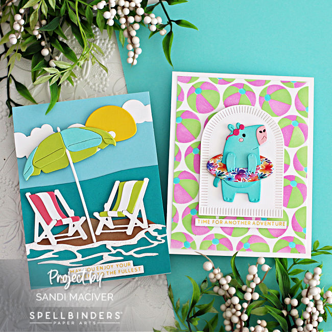 bright and fun hand made beach themed cards with chairs under an unbrella and a hippo in a wadding pool created with new card making products from Spellbinders 