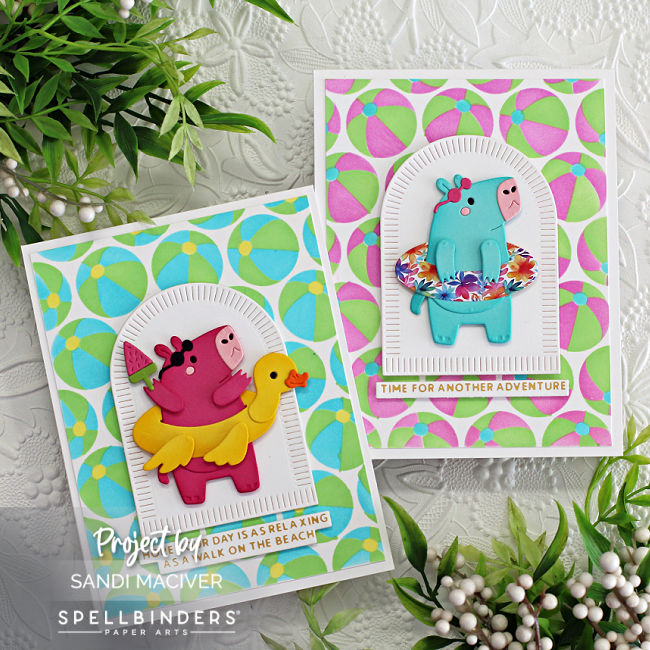 two hand made cards with hippos in floaties with a colored beach ball background created with new card making supplies from Spellbinders