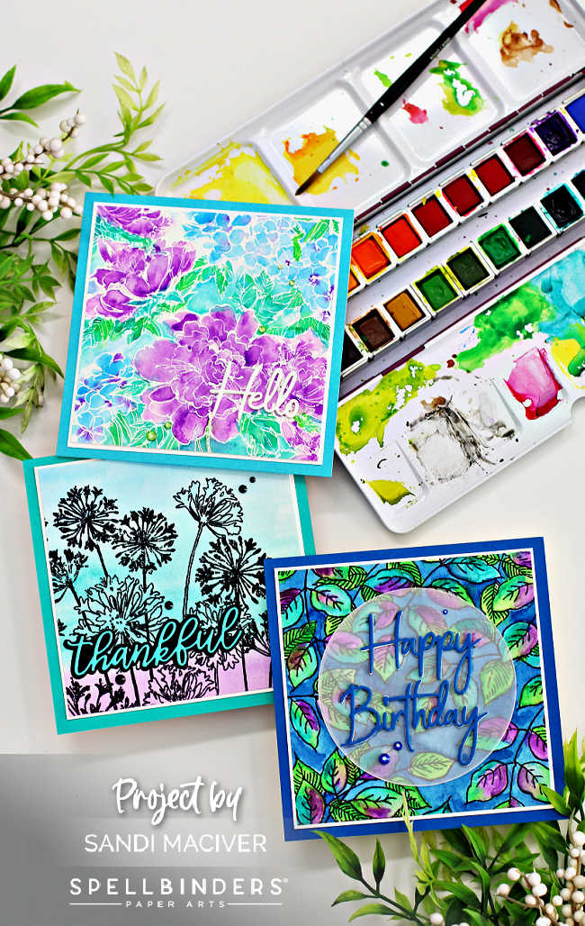 hand made watercolor 5 x 5 square cards with purple and blue flowers and leaves and dark blue backgrounds