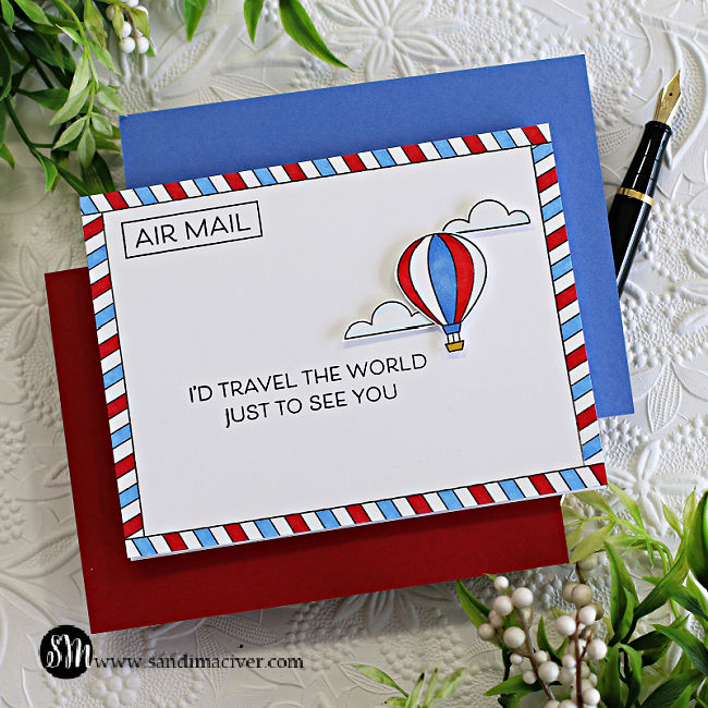 Forth of July card in red white and blue with an airmail colored border, a red white and blue air balloon and a air mail tag created with new card making products from Simon Says Stamp