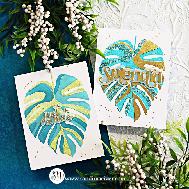 two white hand made cards with a large stenciled Monstera Leaf in three shades of green and teal created with new card making products from Simon Says Stamp