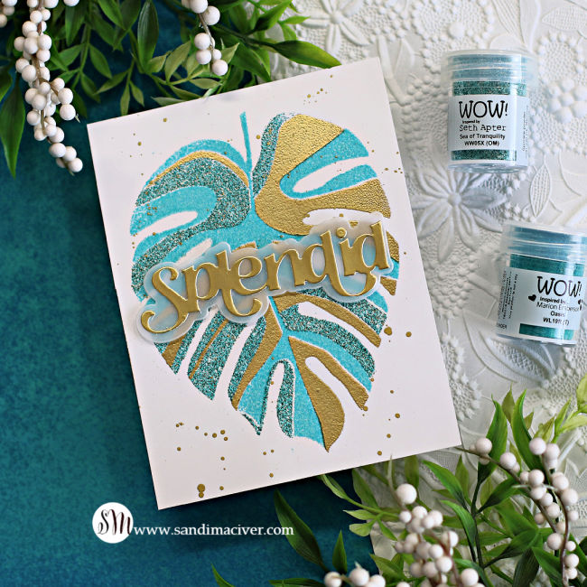 White card base with a teal and gold embossed Monstera Leaf and a gold splendid sentiment 