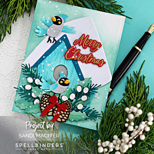 hand made christmas card with a teal snowcapped birdhouse, lots of green and white foliage, two blue and gray birds and red Merry Christmas sentiment created with new card making products from Spellbinders