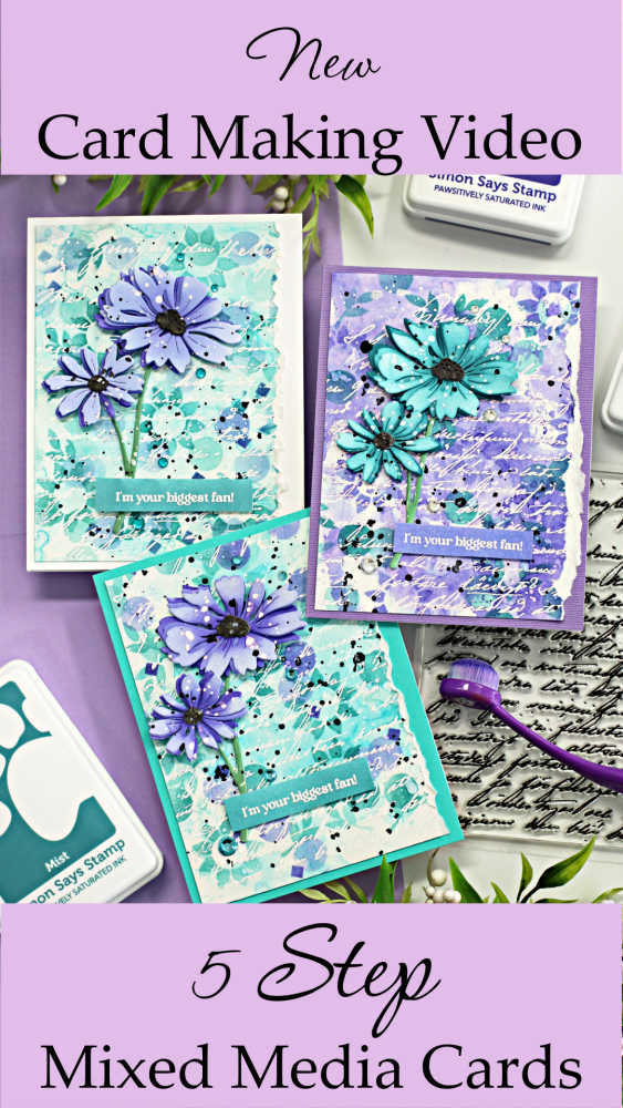 three hand made mixed media cards in teal and purple with stenciling and splatter and purple and teal die cut flowers