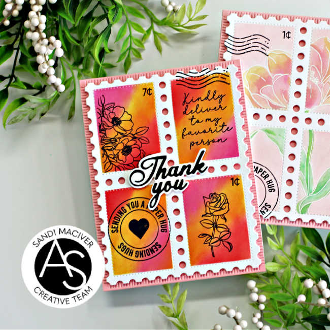 hand made card with 4 large stamp blocks with light and light and dark pink and yellow ink blending and a black silhouette floral and bird stamp overlay, 