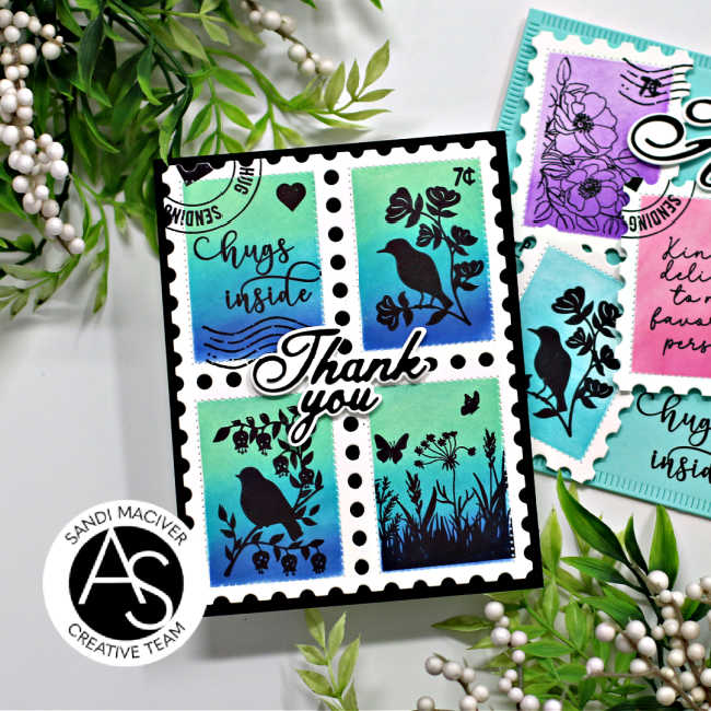 hand made card with 4 large stamp blocks with light and dark blue and green ink blending and a black silhouette floral and bird stamp overlay, created with new card making products from Alex Syberia Designs